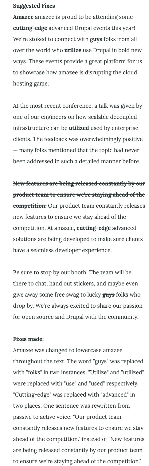 Updated text that has applied the compliance rules.